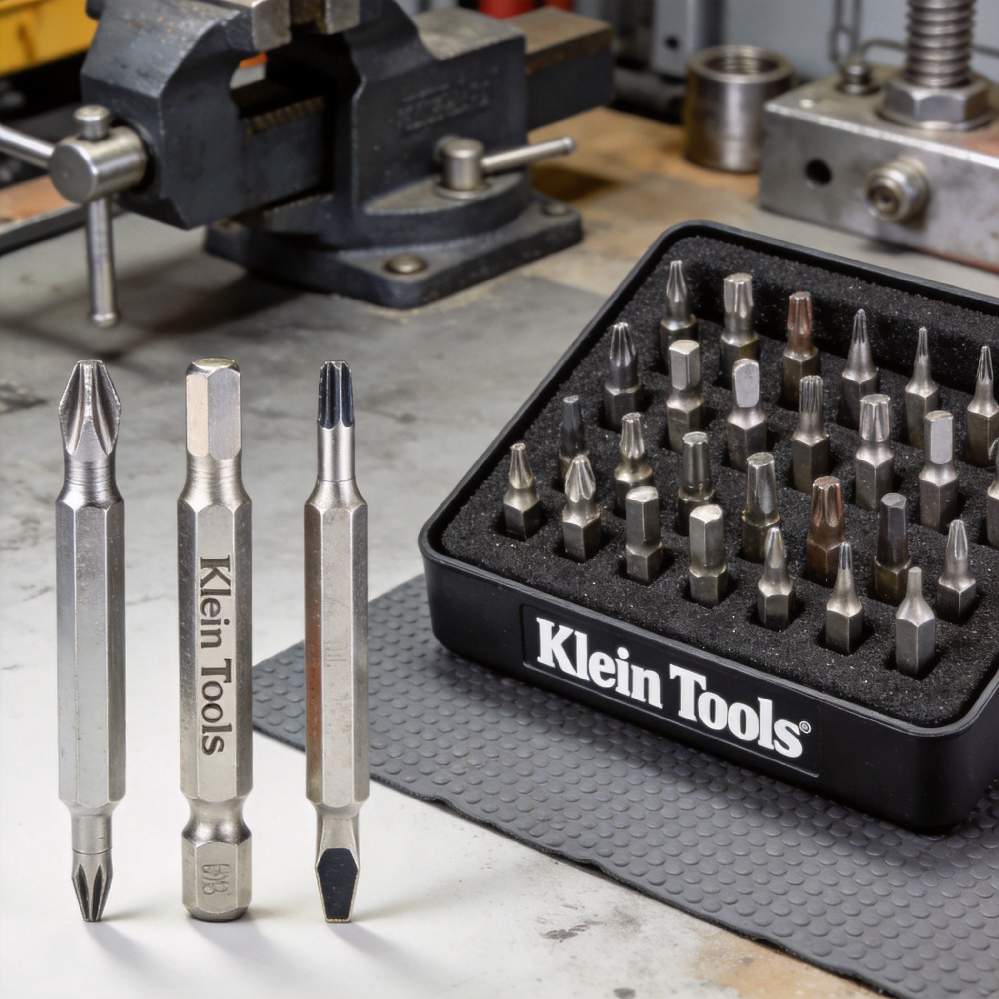 Professional screwdriver set organized on workbench