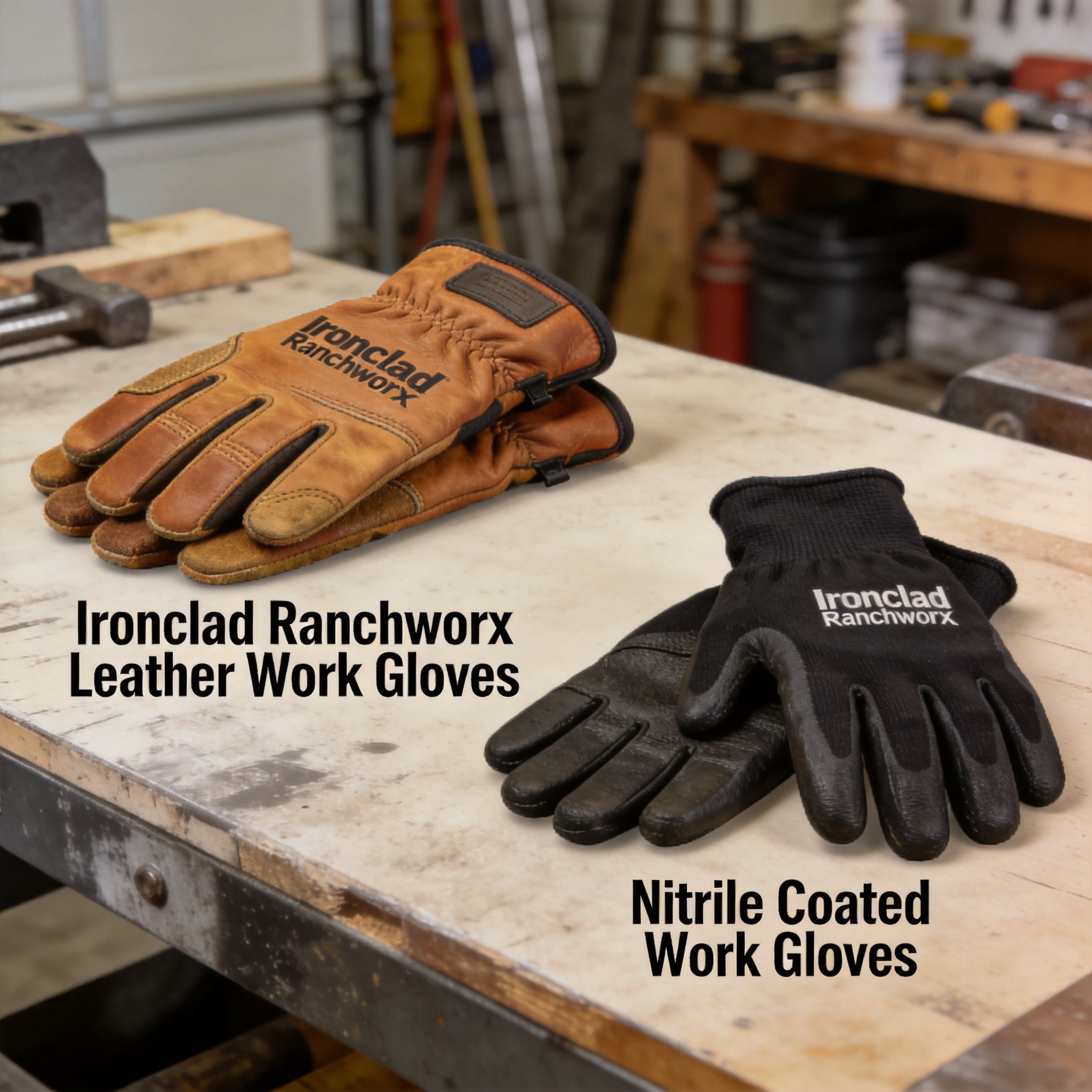Worker wearing leather work gloves on construction site