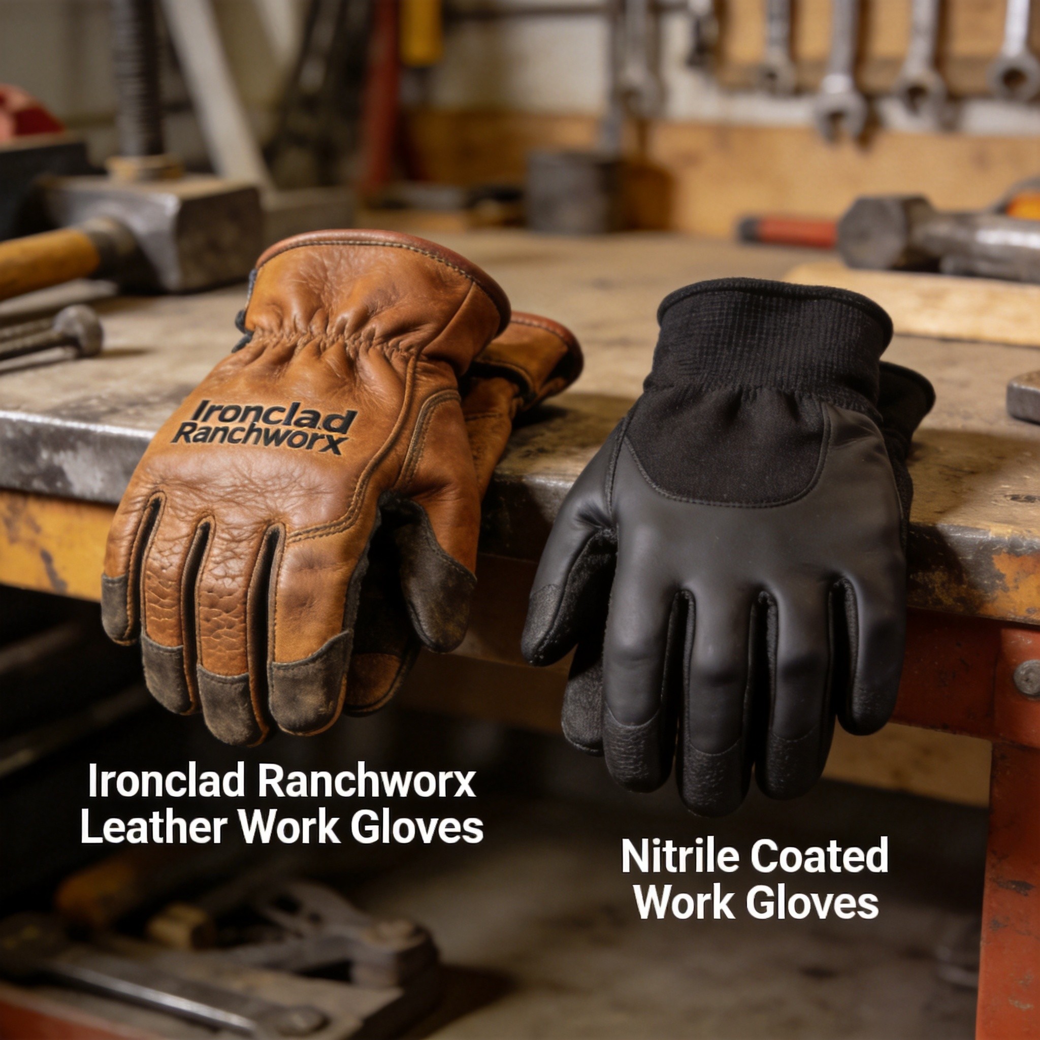 Various types of work safety gloves displayed